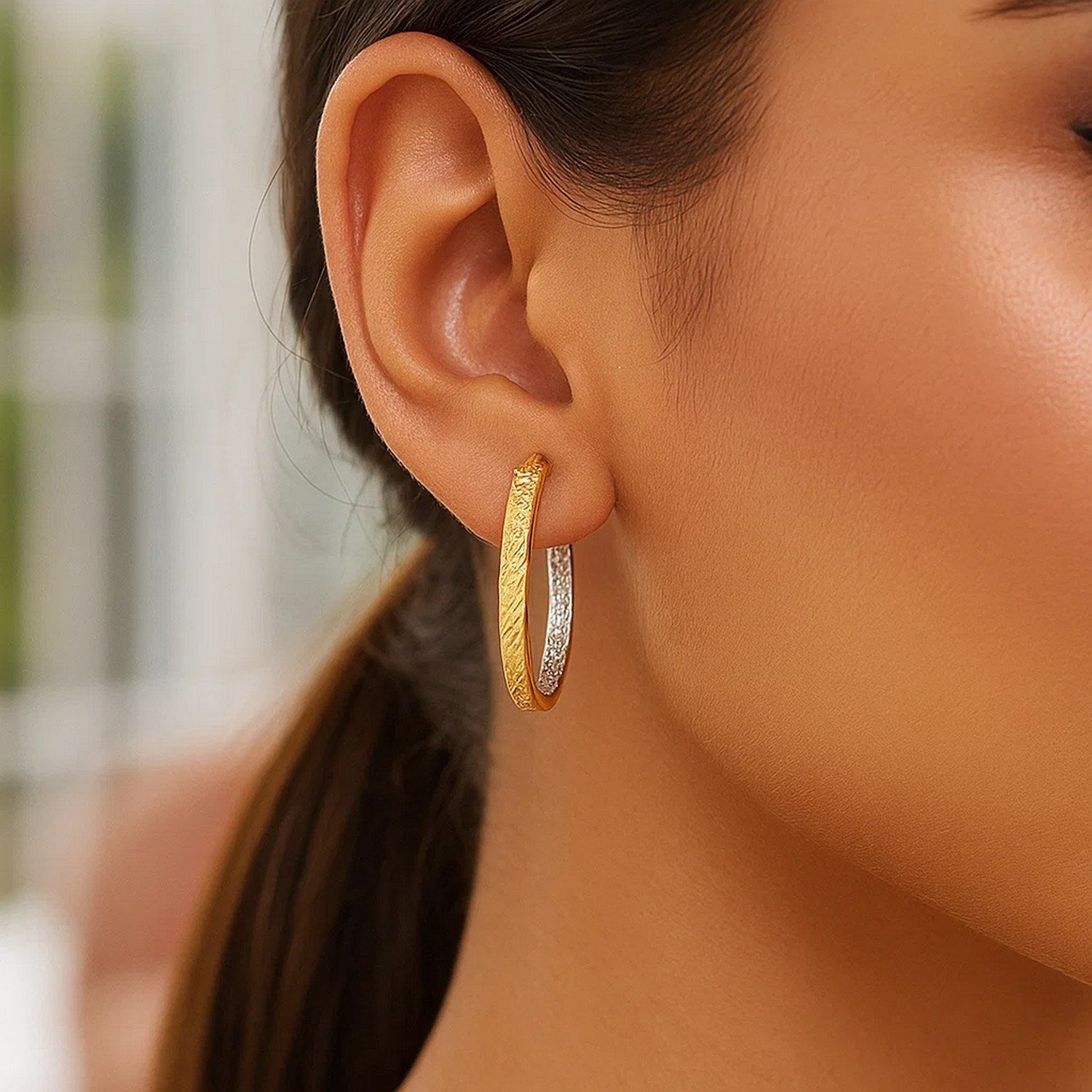 Two-Tone Yellow and White Medium Patterned Hoop in 14K Two-Tone Gold