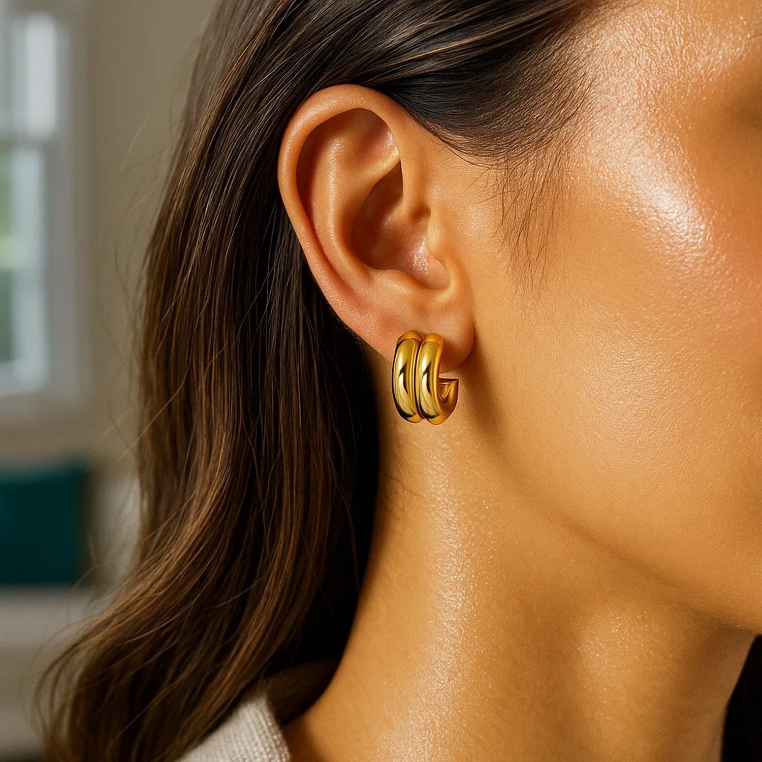 Puffed Double Row C Hoop in 14K Yellow Gold