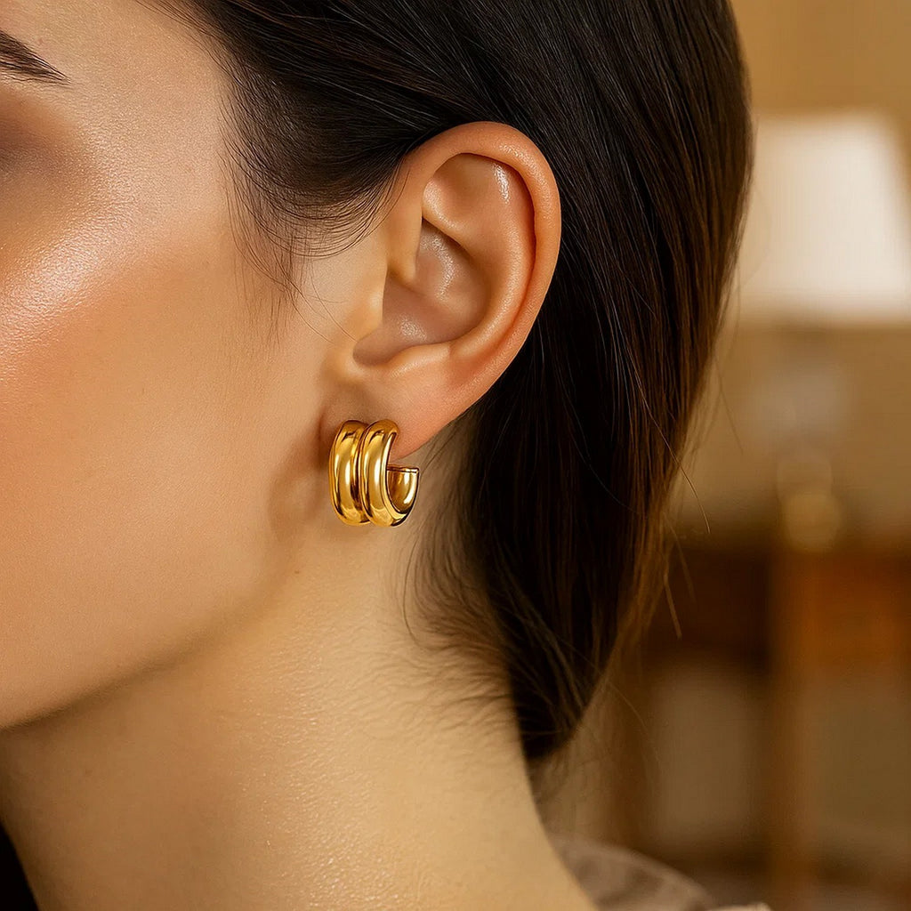 Puffed Double Row C Hoop in 14K Yellow Gold