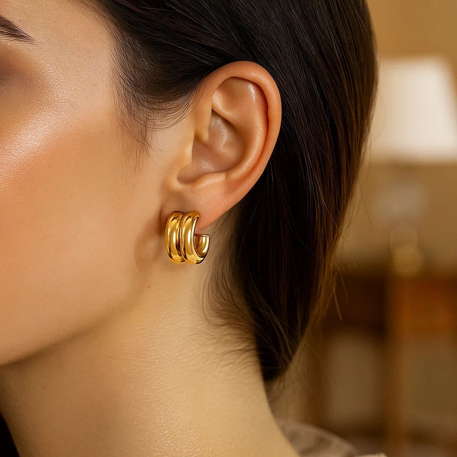 Puffed Double Row C Hoop in 14K Yellow Gold