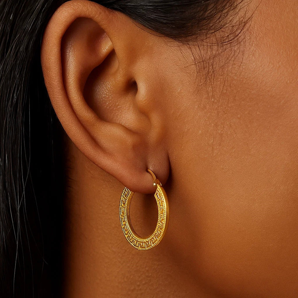 Greek Key Medium Hoop with Flat Sides in 14K Yellow Gold