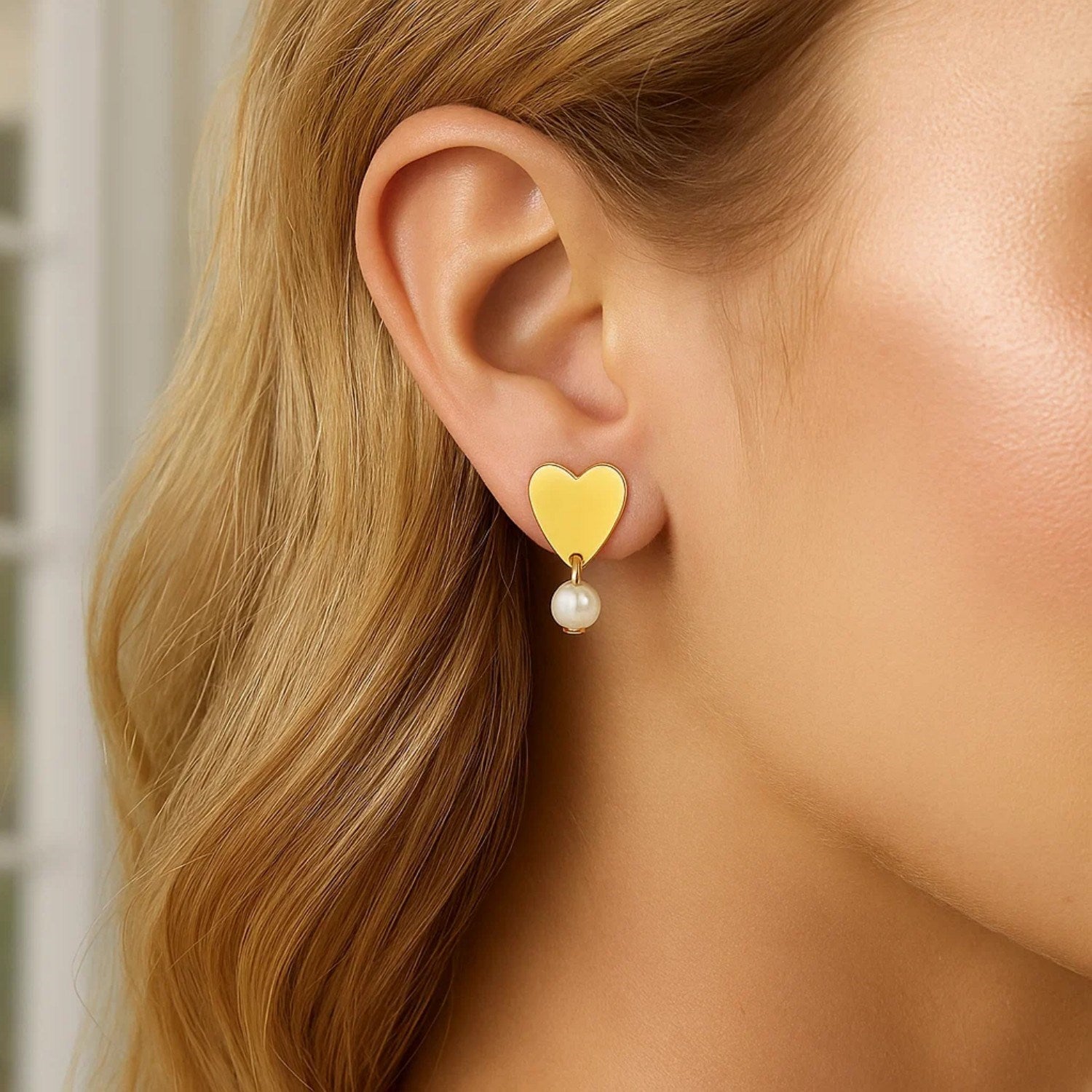 Heart and Pearl Drop Stud in 14K Yellow Gold