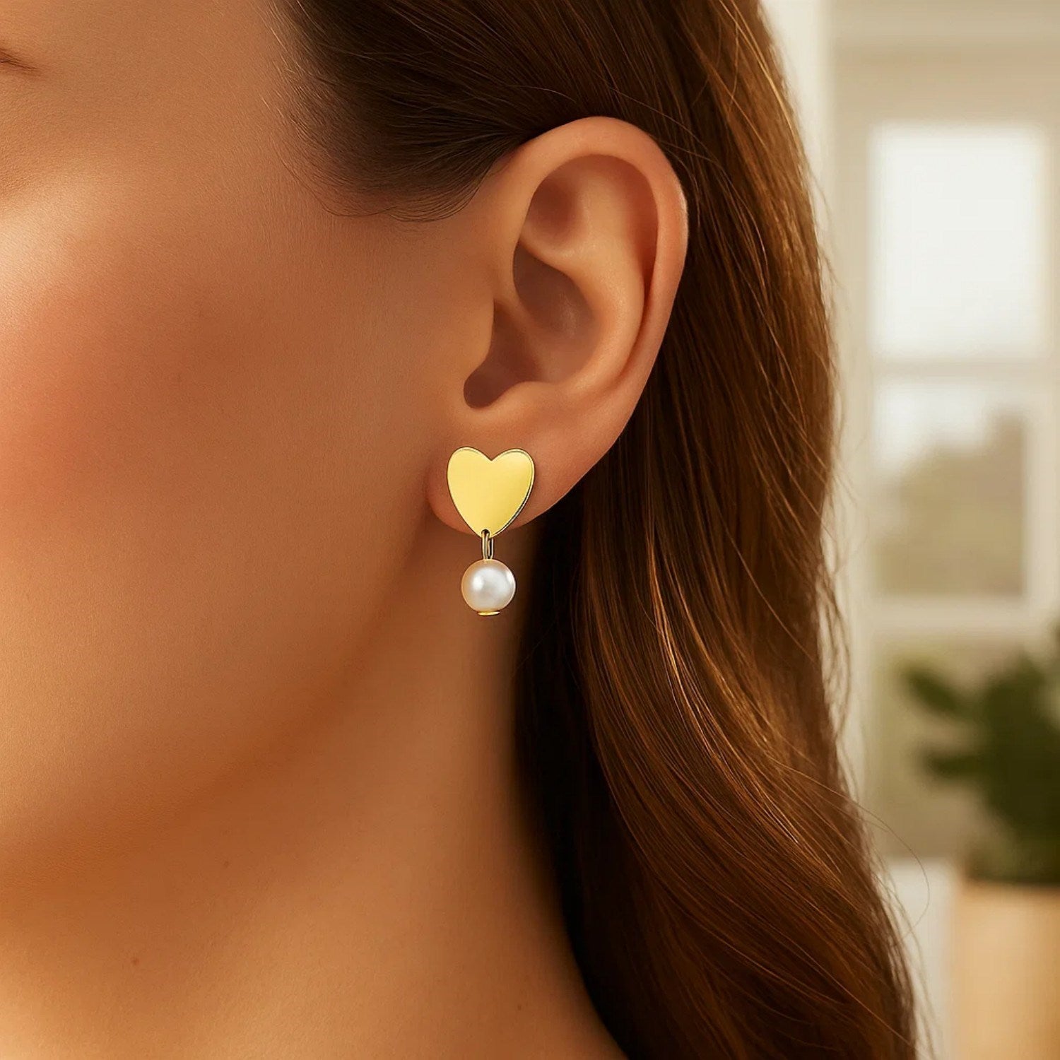 Heart and Pearl Drop Stud in 14K Yellow Gold