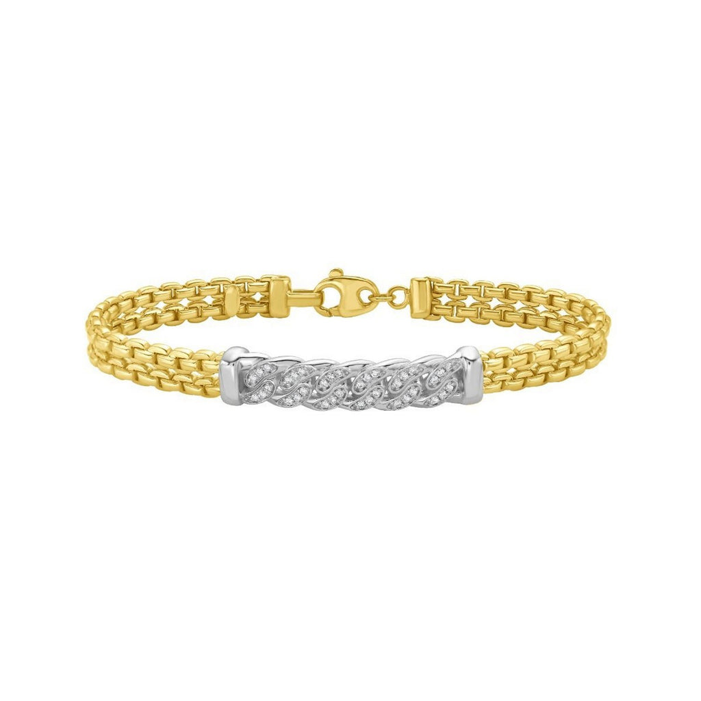 Polished Venetian Link Diamond Pave Curb Bar in 14KT Yellow Gold