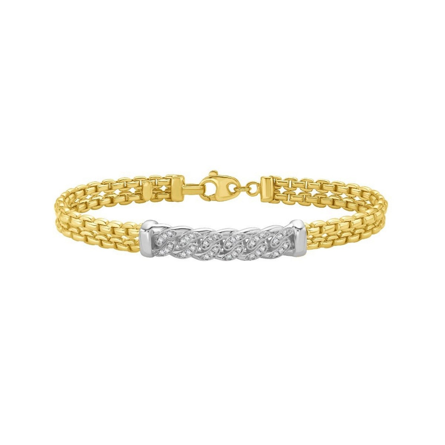 Polished Venetian Link Diamond Pave Curb Bar in 14KT Yellow Gold