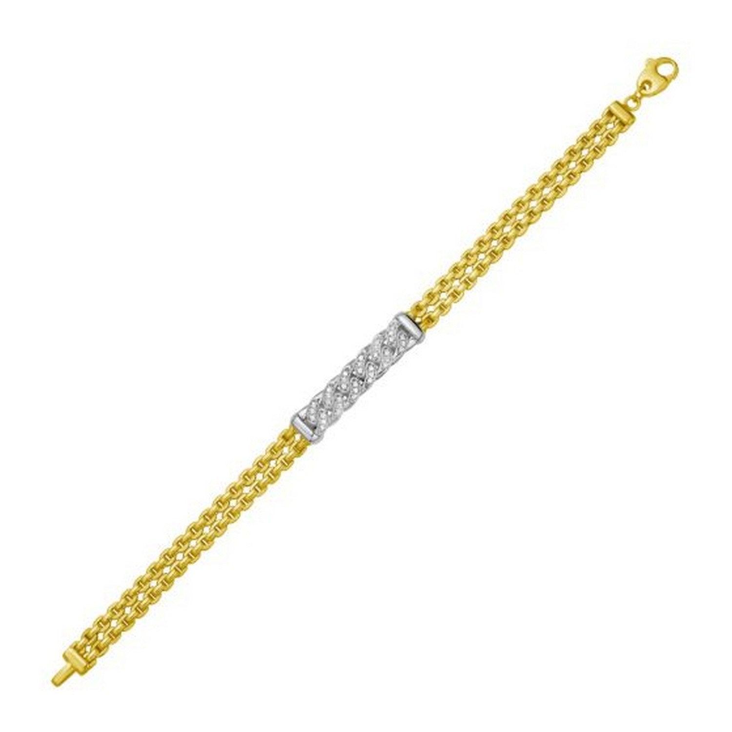 Polished Venetian Link Diamond Pave Curb Bar in 14KT Yellow Gold