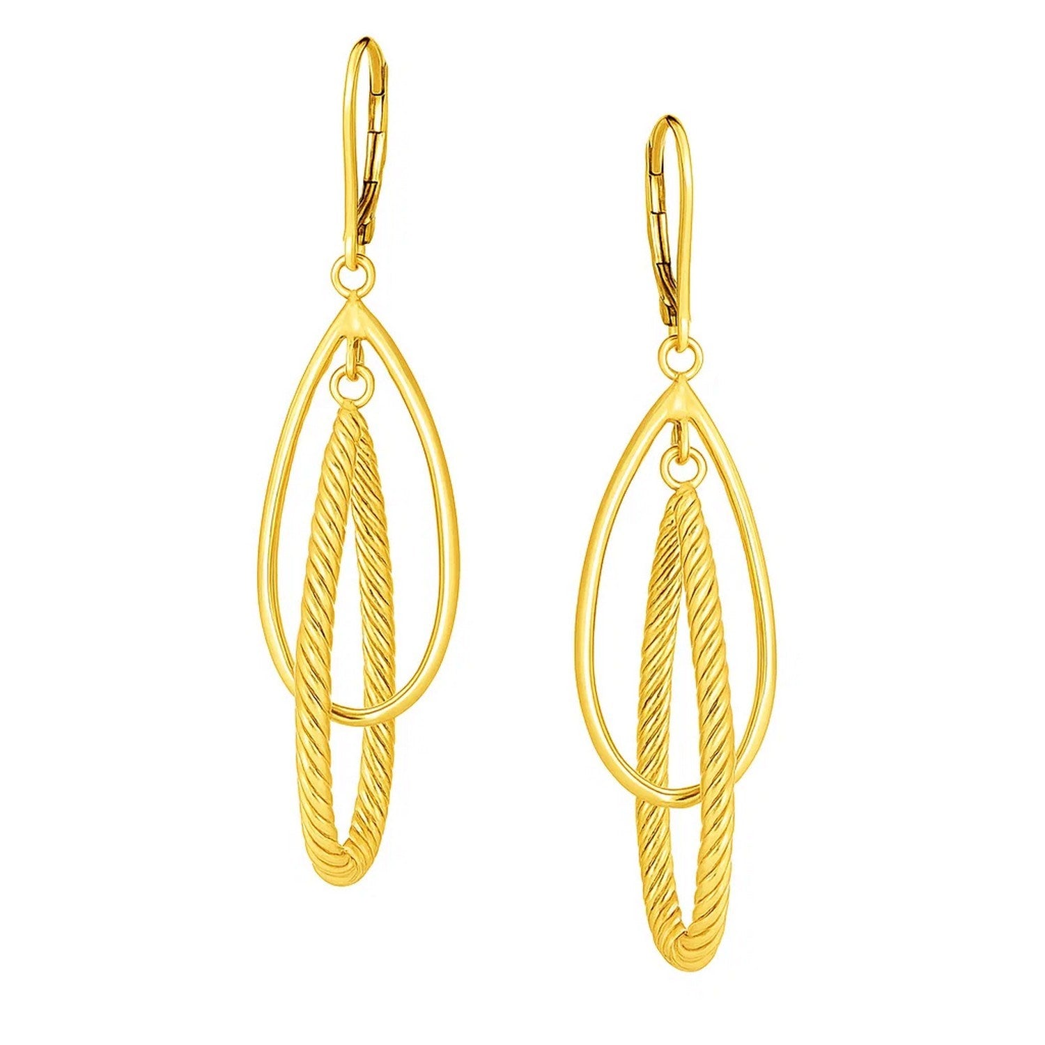 Shiny and Textured Teardrop Dangles in 14K Yellow Gold