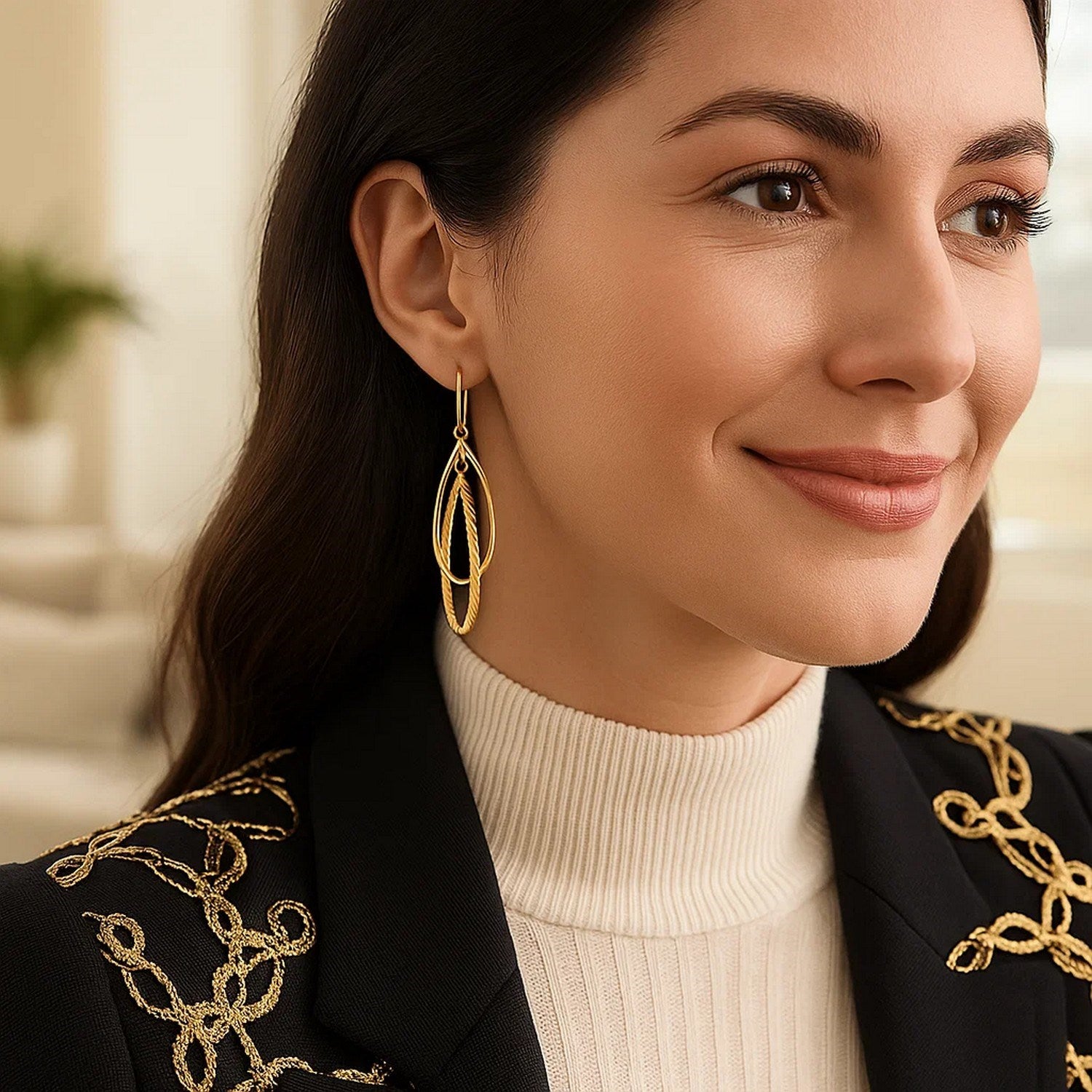 Shiny and Textured Teardrop Dangles in 14K Yellow Gold