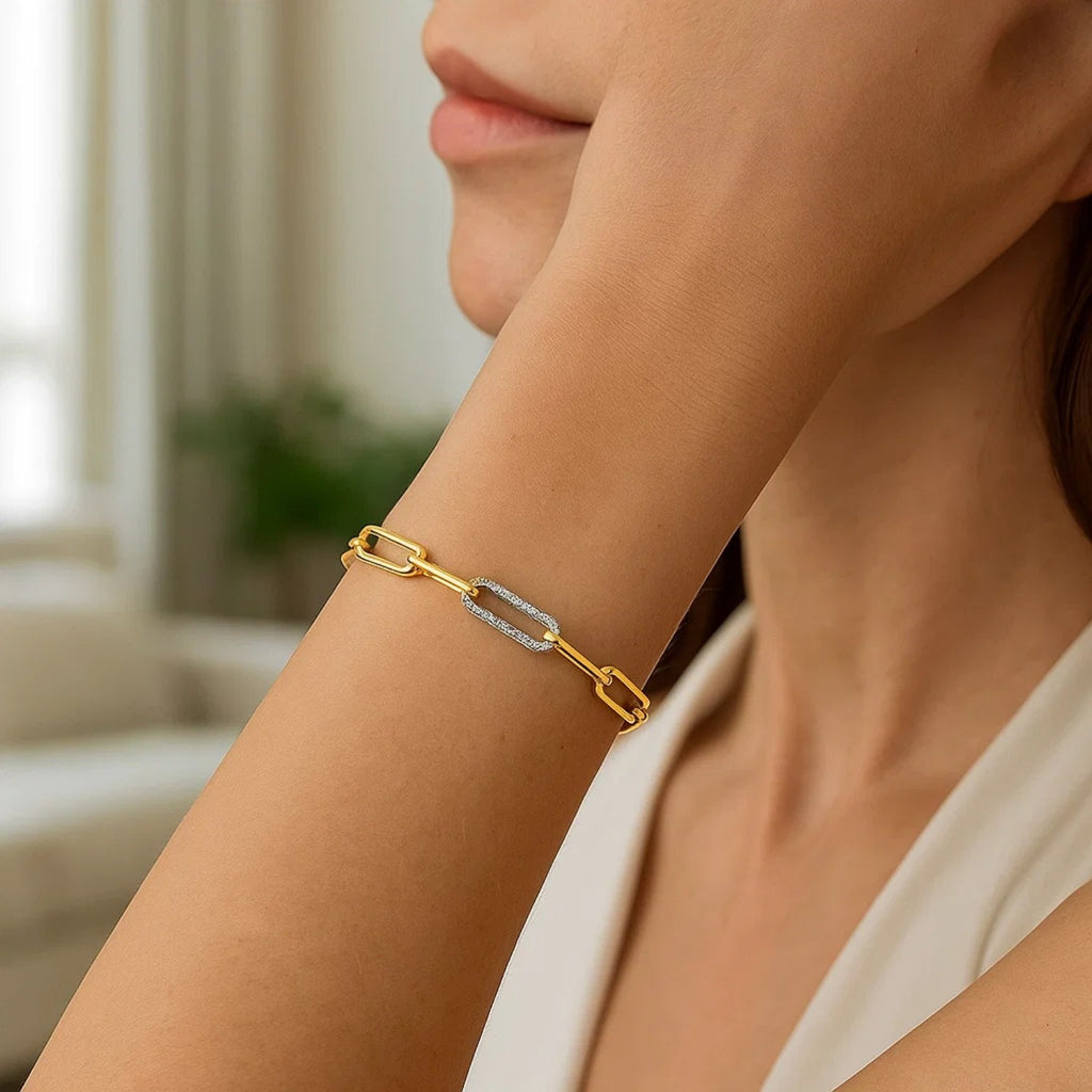 Inch Paperclip Chain with Three Diamond Links in 14KT Yellow Gold