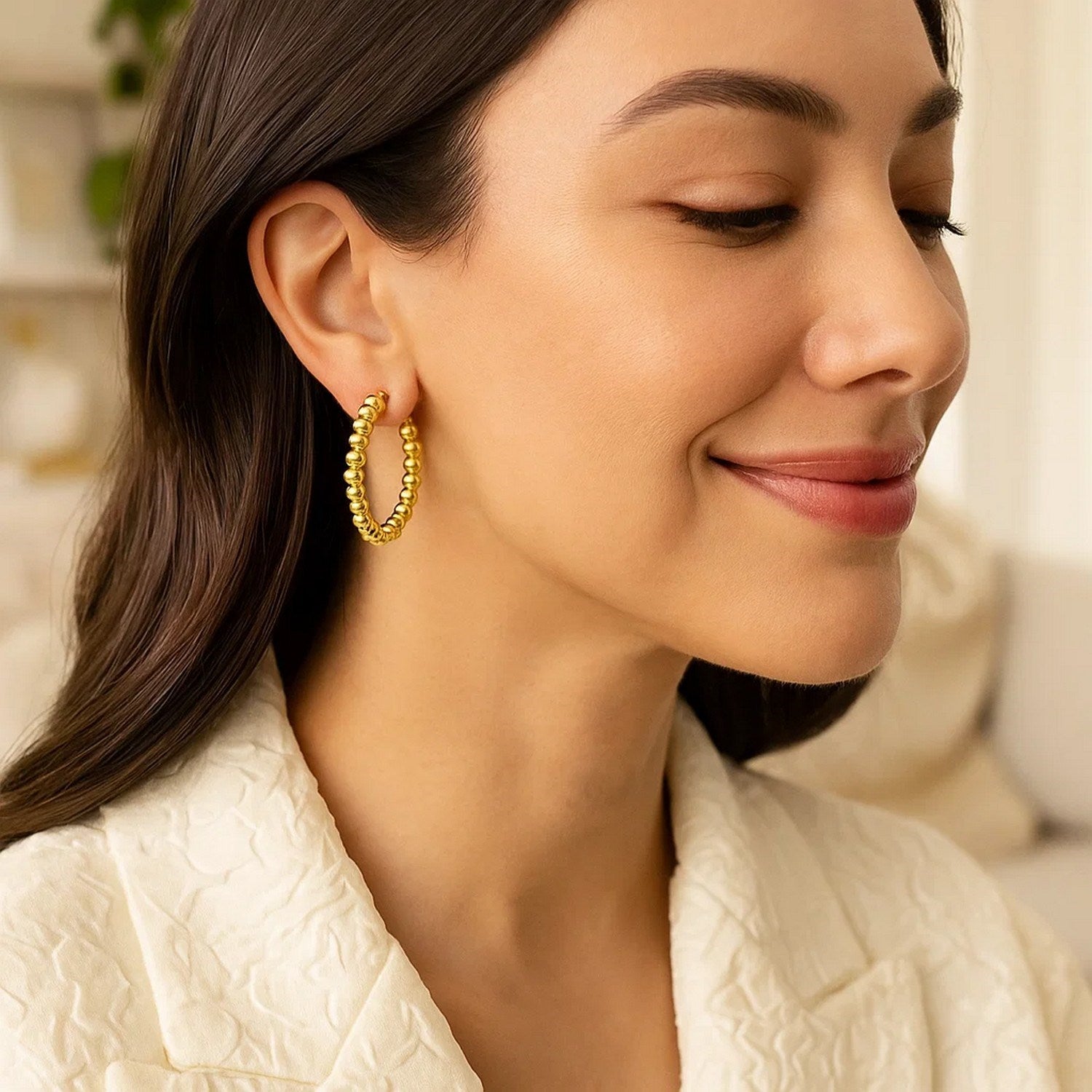 Polished Medium Bead Hoop in 14K Yellow Gold
