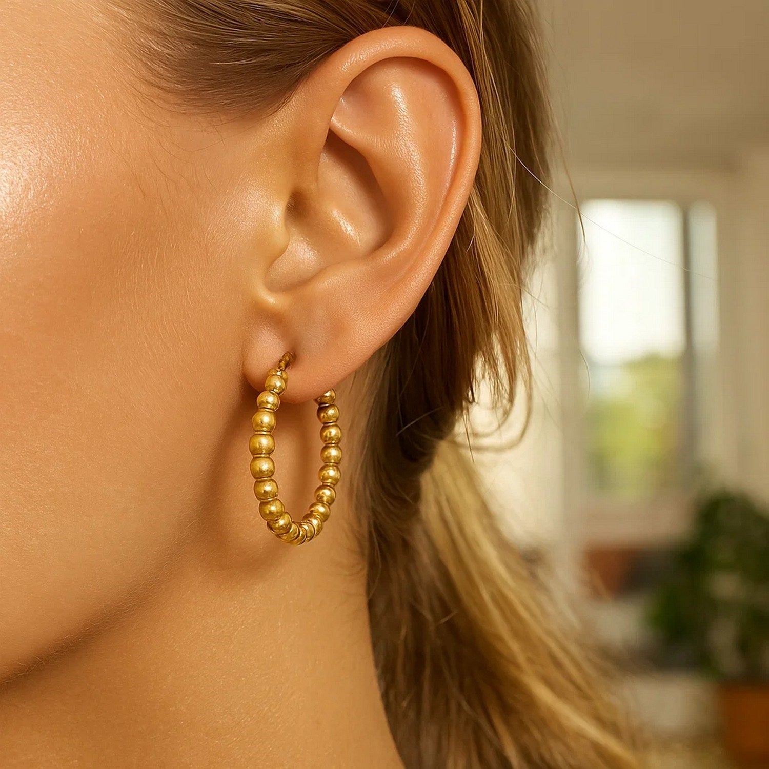 Polished Medium Bead Hoop in 14K Yellow Gold