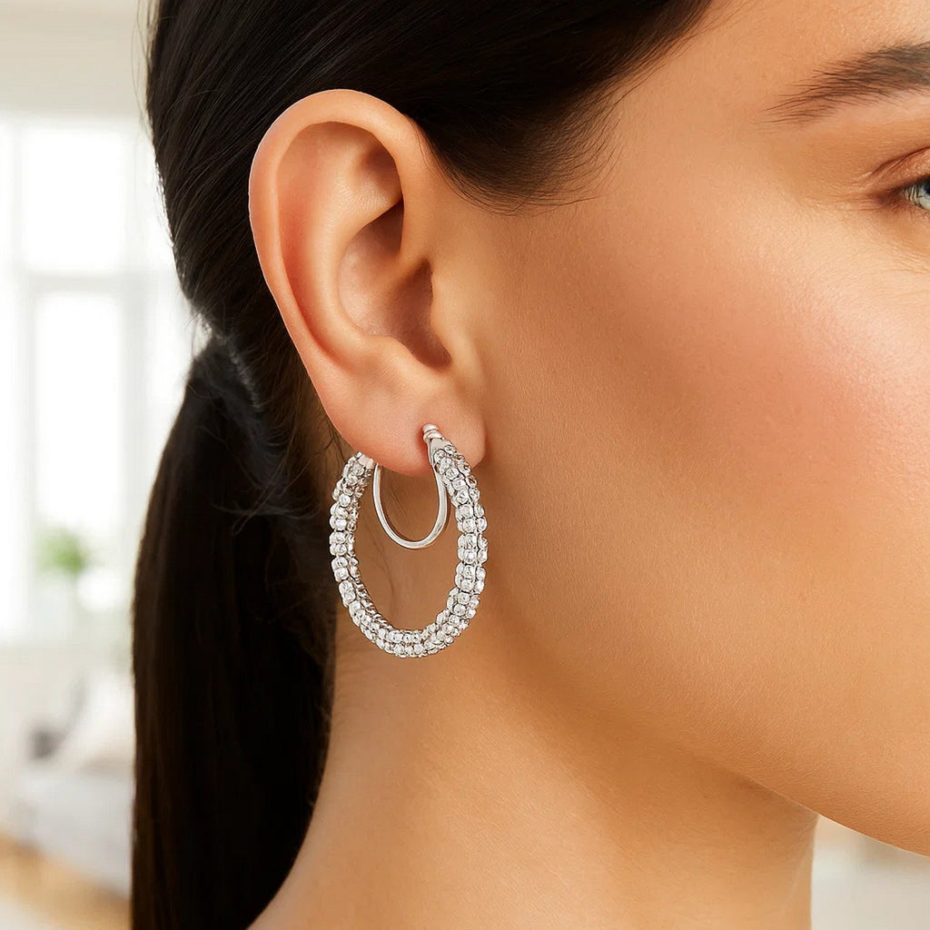 Ice Chain Round Hoops in 14K White Gold