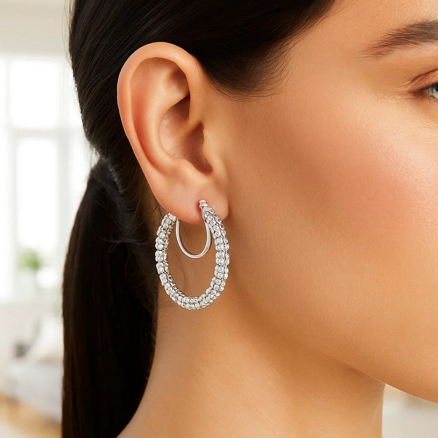 Ice Chain Round Hoops in 14K White Gold