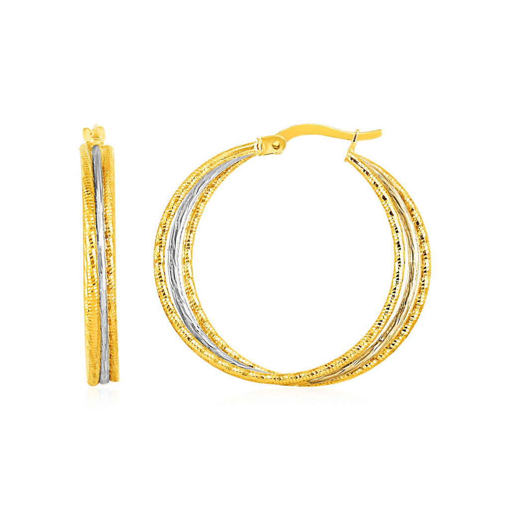Three Part Textured Hoop in 14k Yellow and White in 14K Two-Tone Gold