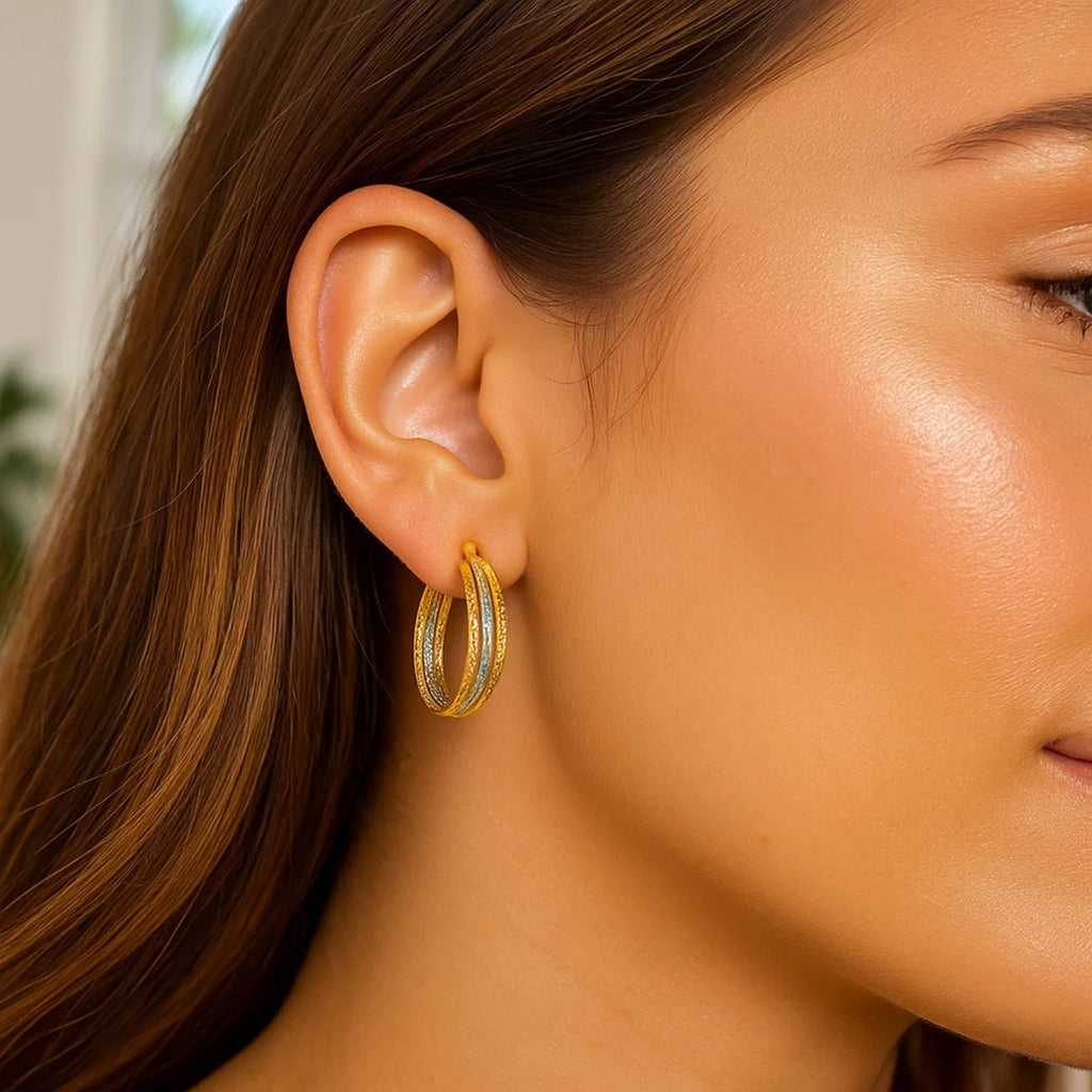 Three Part Textured Hoop in 14k Yellow and White in 14K Two-Tone Gold
