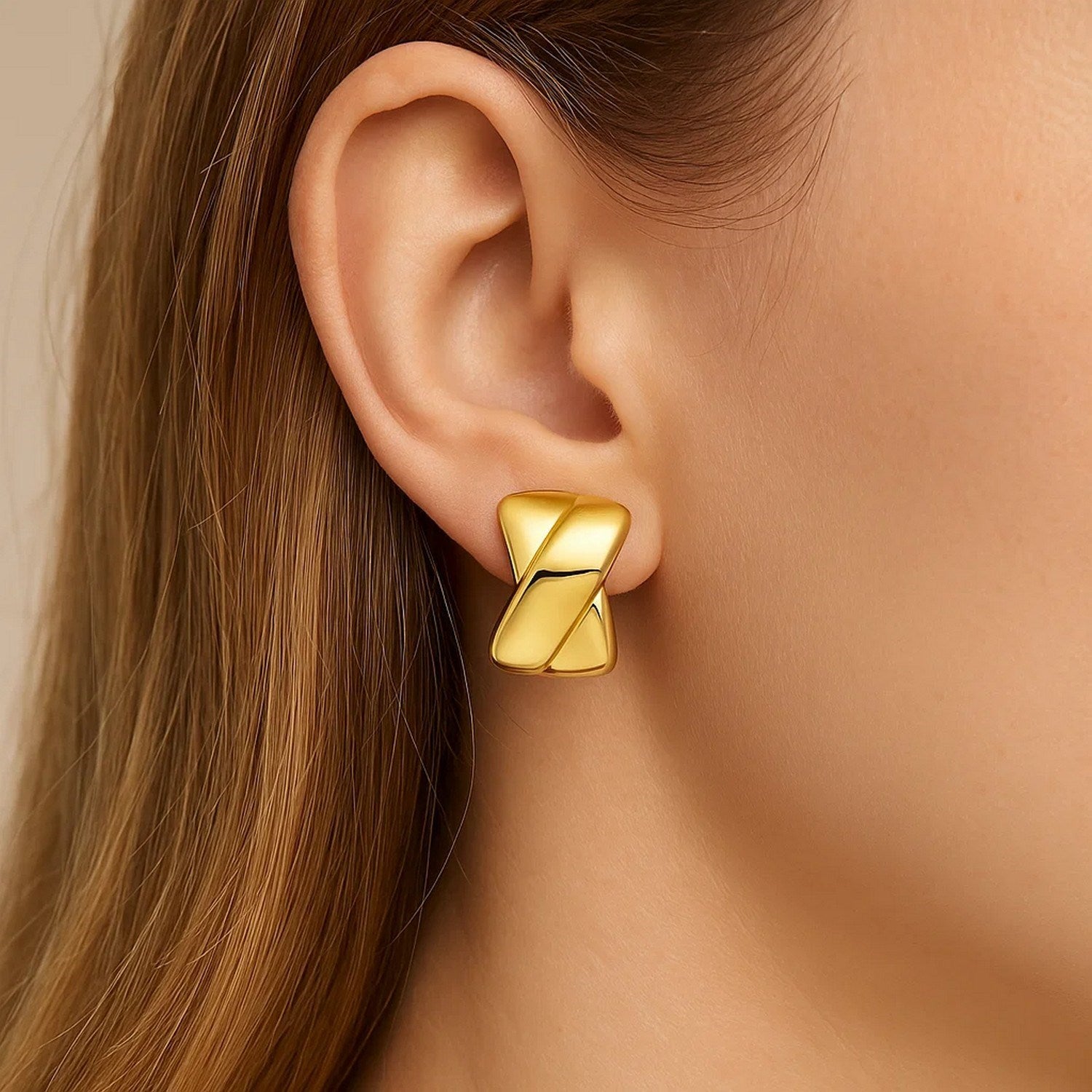 Puffed X C Hoops in 14K Yellow Gold