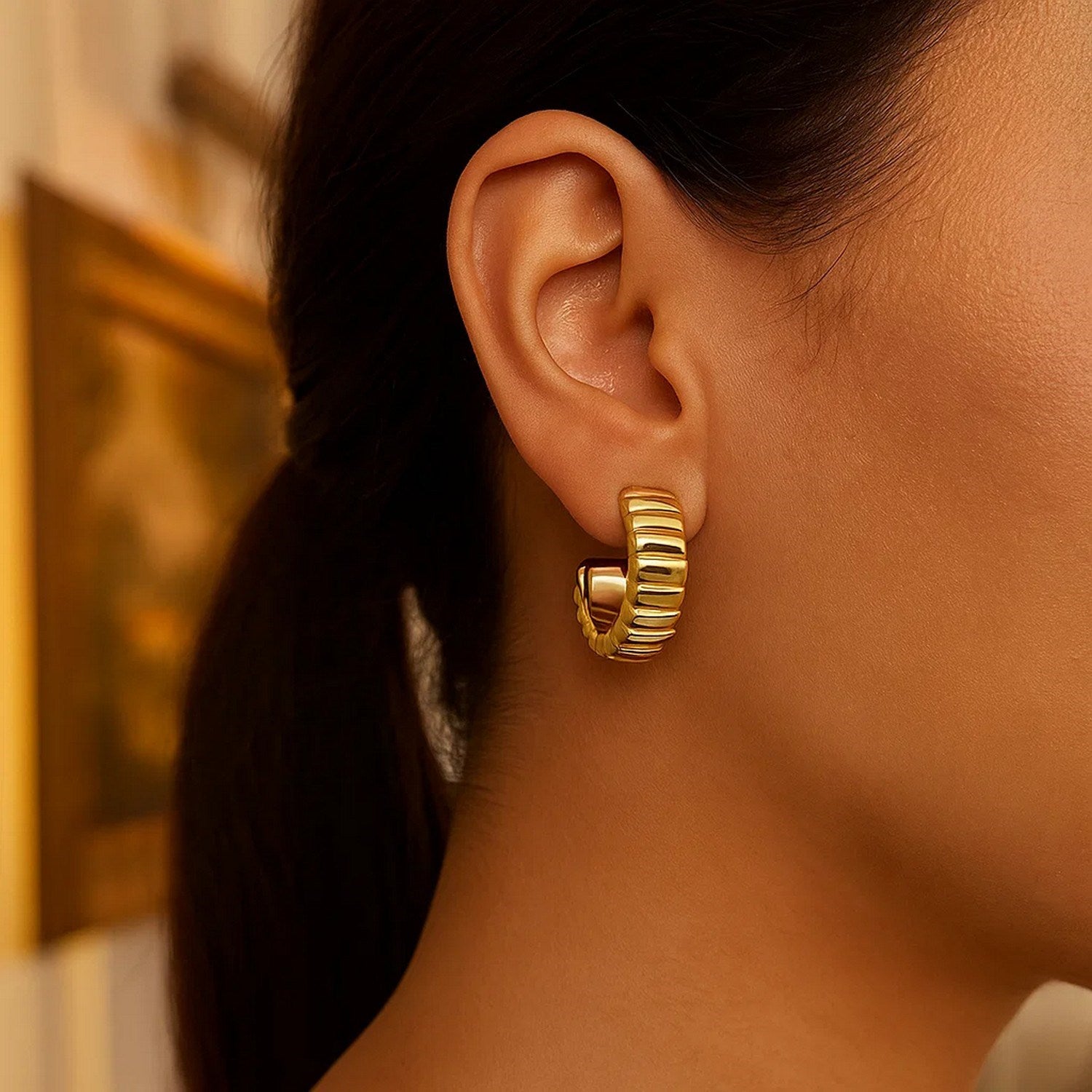 Ribbed C Hoop in 14K Yellow Gold