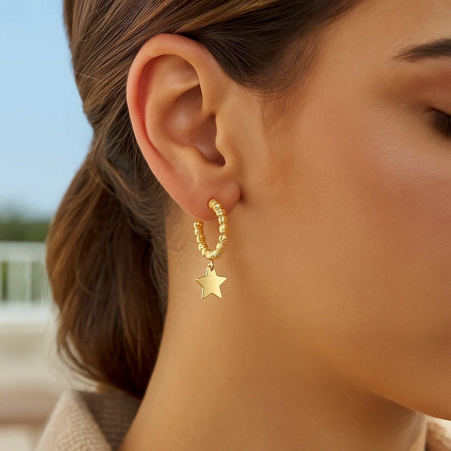 Drop Star Charm Beaded Hoop in 14K Yellow Gold