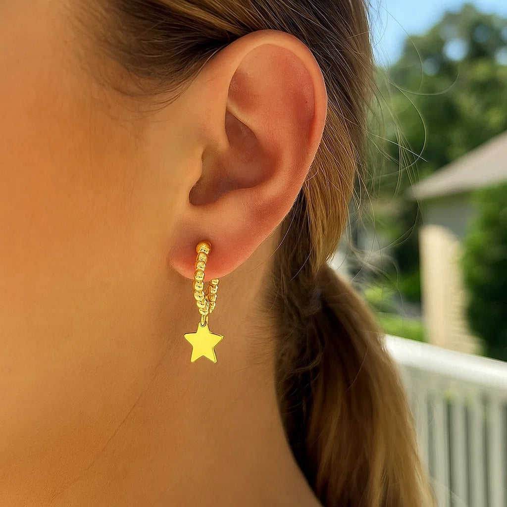 Drop Star Charm Beaded Hoop in 14K Yellow Gold