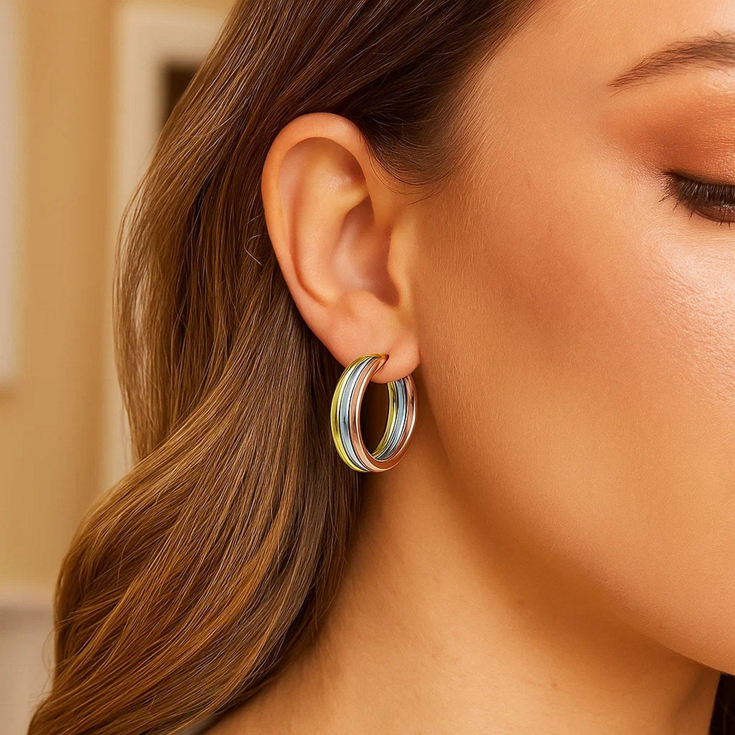 Polished Trinity Tube Hoop in 14K Yellow Gold