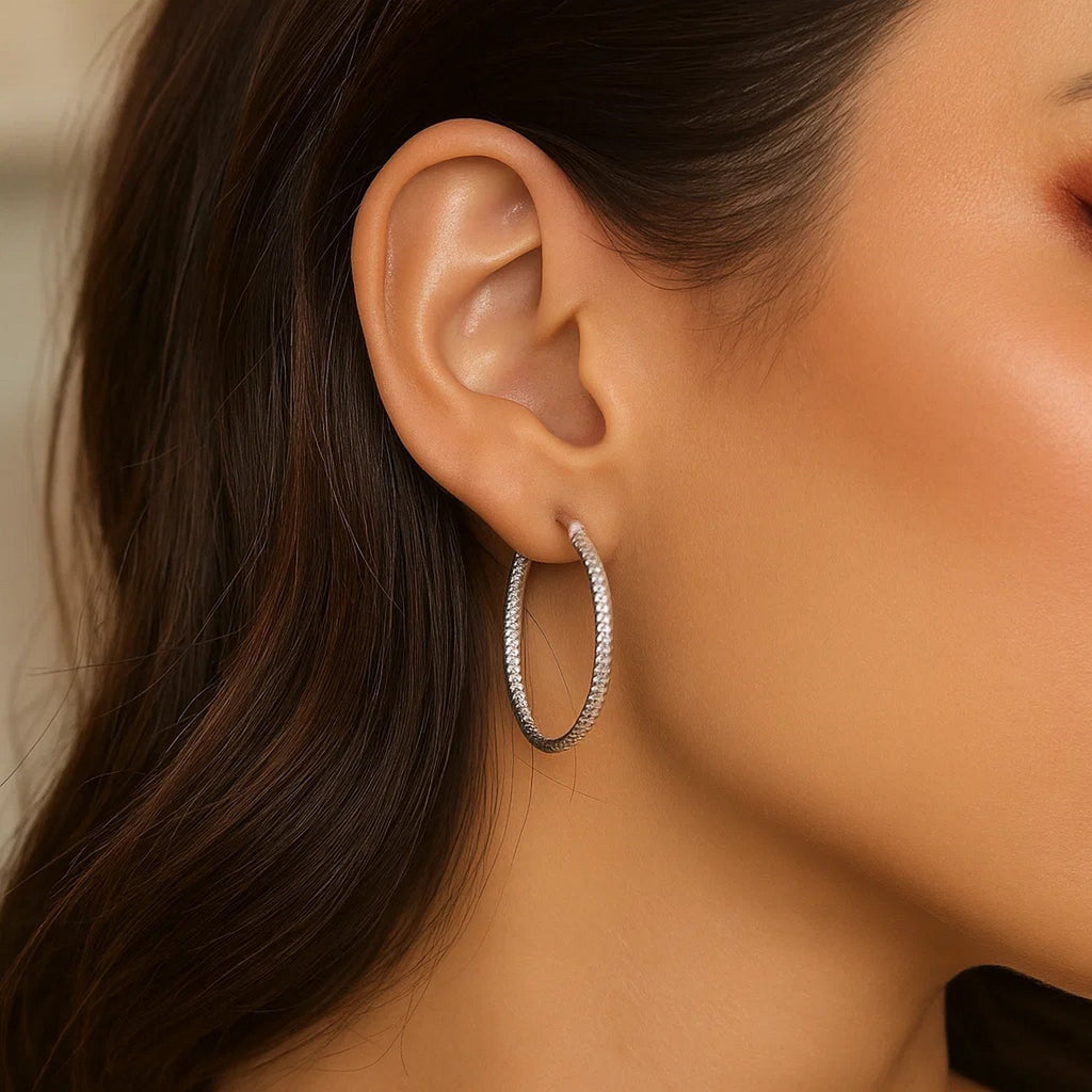 Tube Textured Round Hoop in 14K White Gold