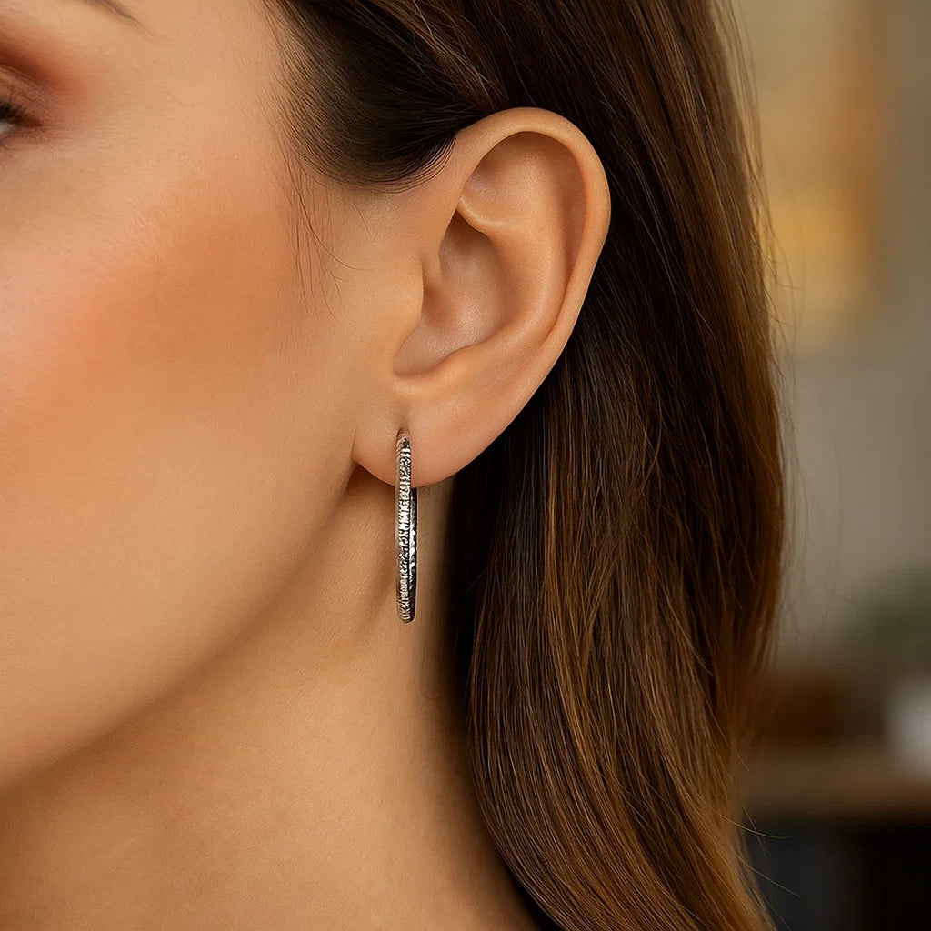 Tube Textured Round Hoop in 14K White Gold