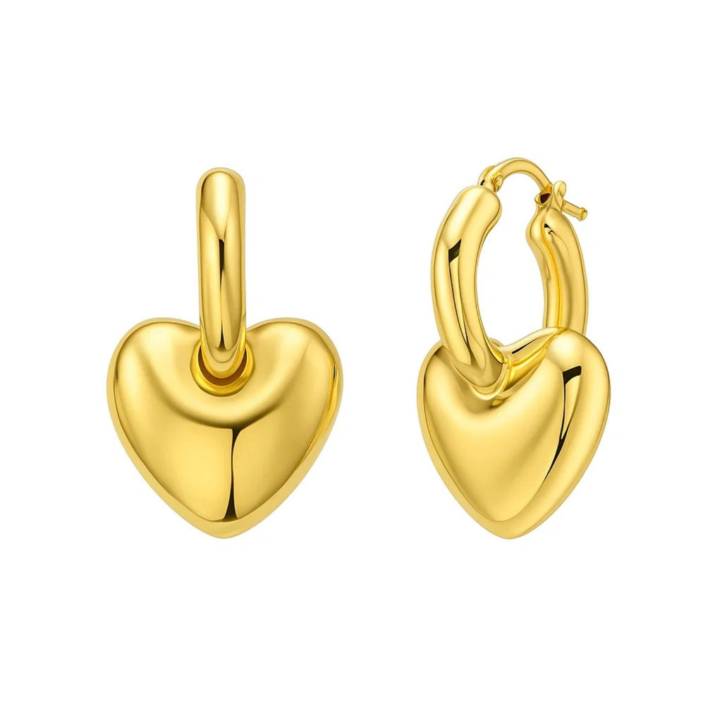 Puffy Heart Dangle Huggie Hoops in 14K Yellow Gold