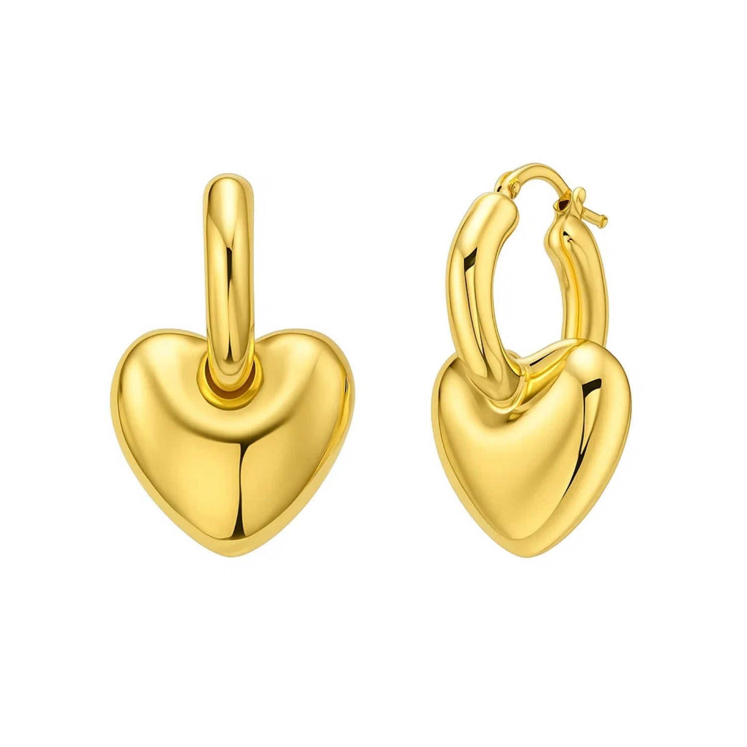 Puffy Heart Dangle Huggie Hoops in 14K Yellow Gold