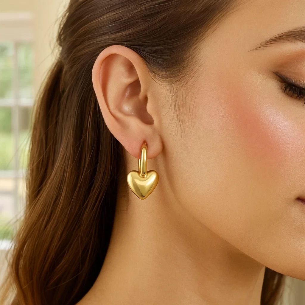 Puffy Heart Dangle Huggie Hoops in 14K Yellow Gold