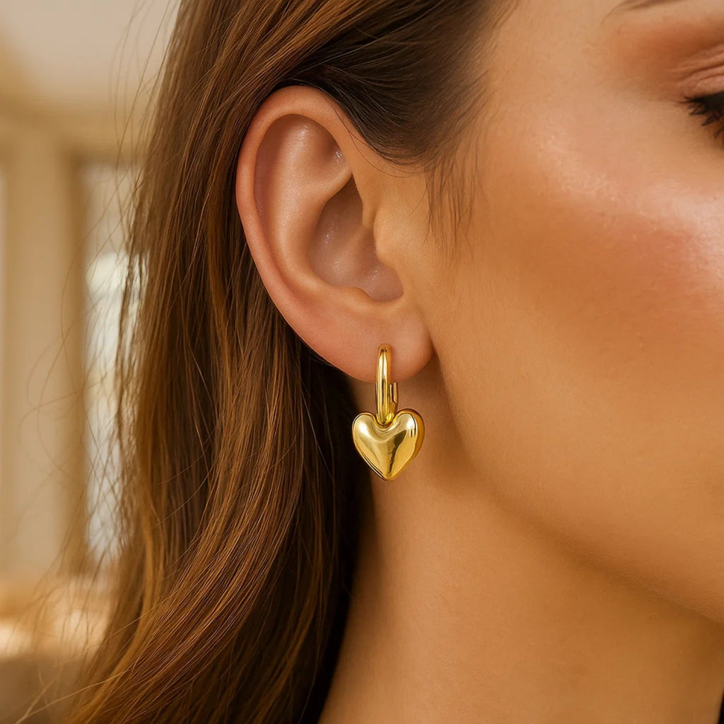 Puffy Heart Dangle Huggie Hoops in 14K Yellow Gold