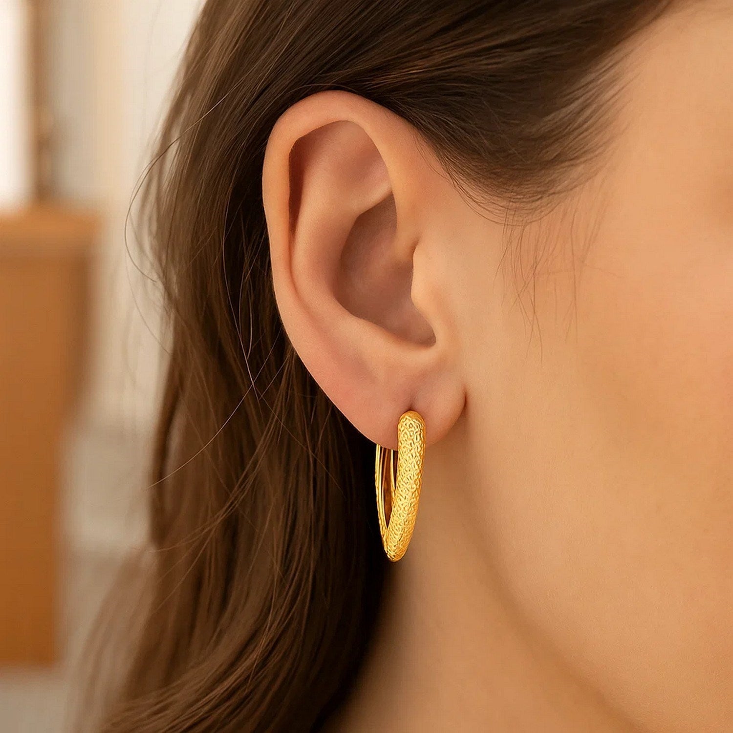 V Shaped Puffed Hoop in 14K Yellow Gold
