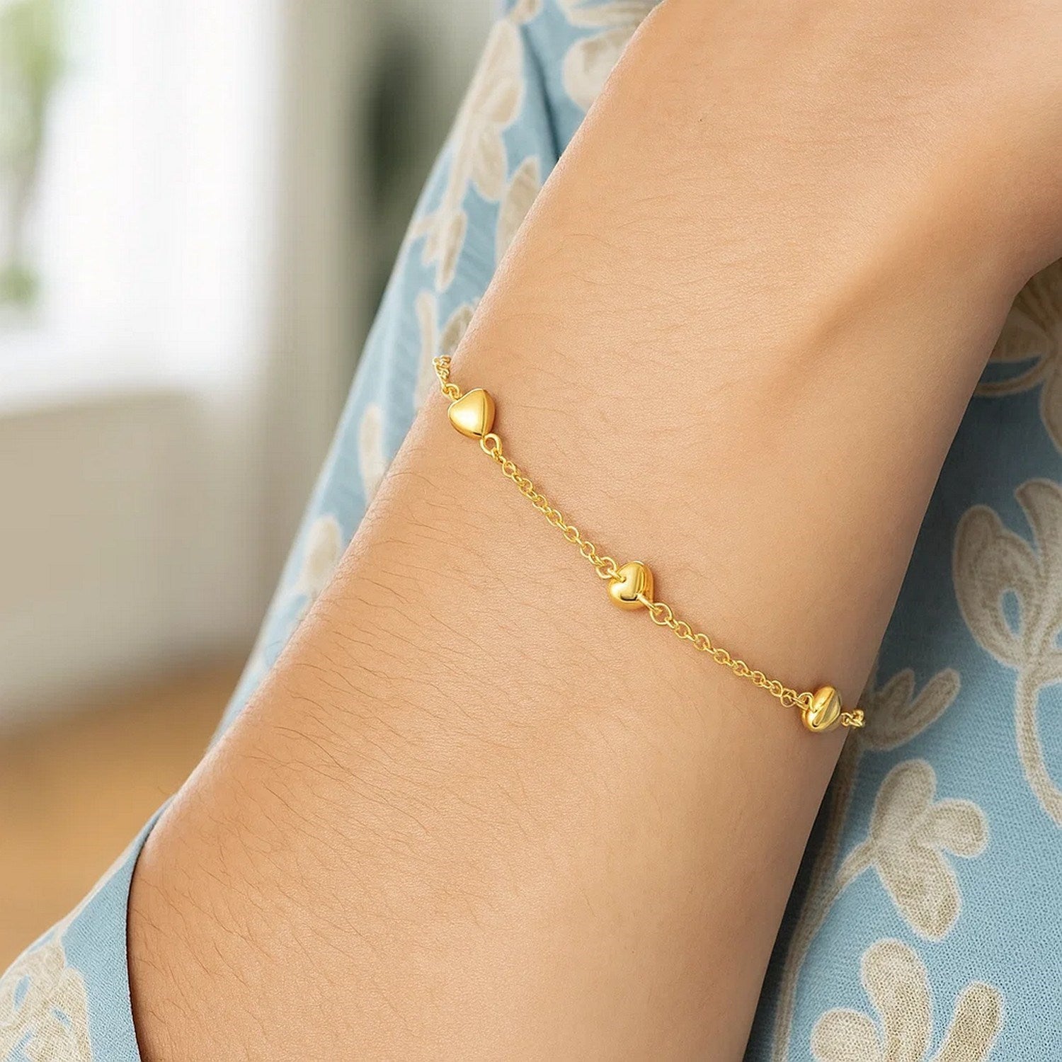 Rolo Chain with Puffed Heart Stations in 14KT Yellow Gold