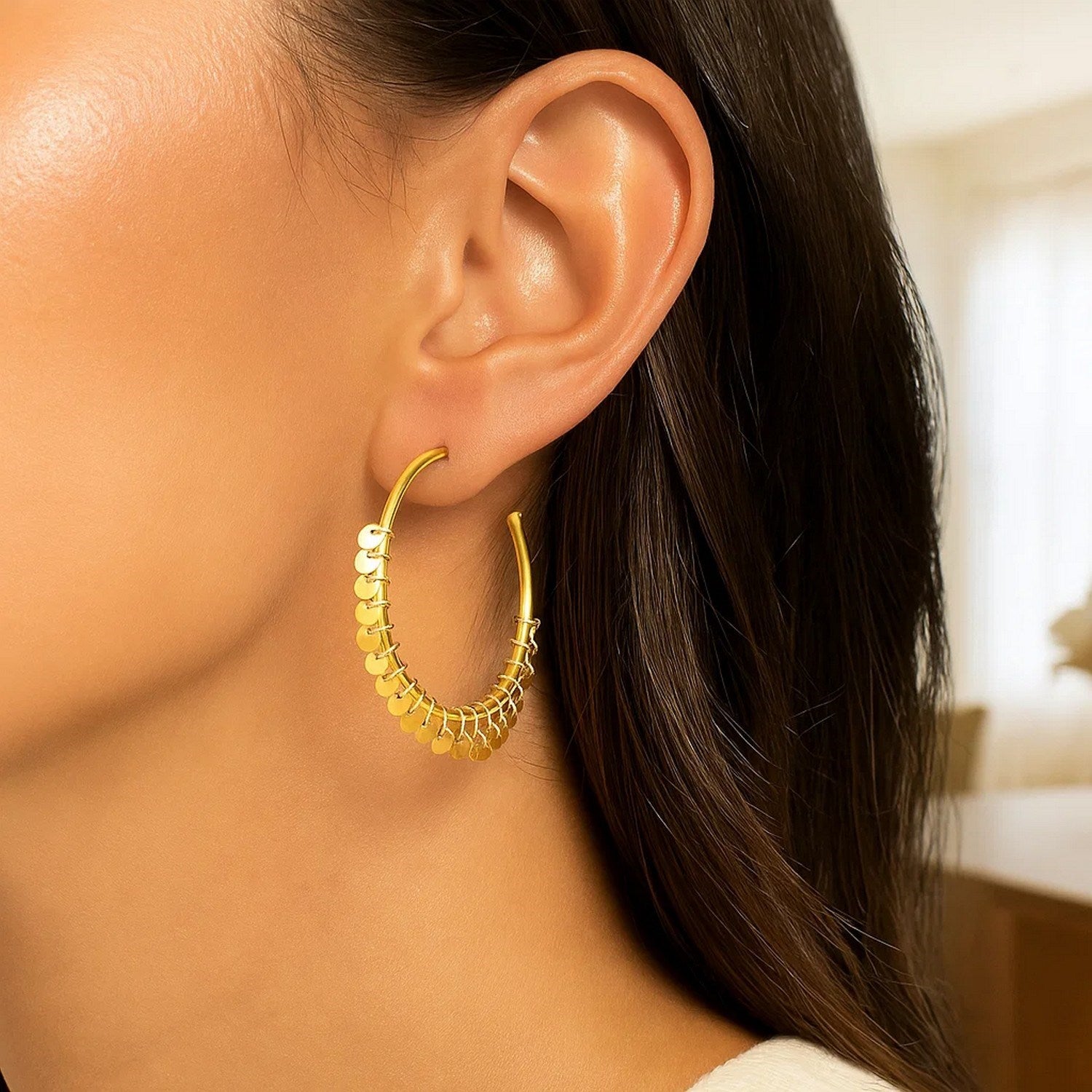 Hoop Style with Dangling Sequins in 14K Yellow Gold