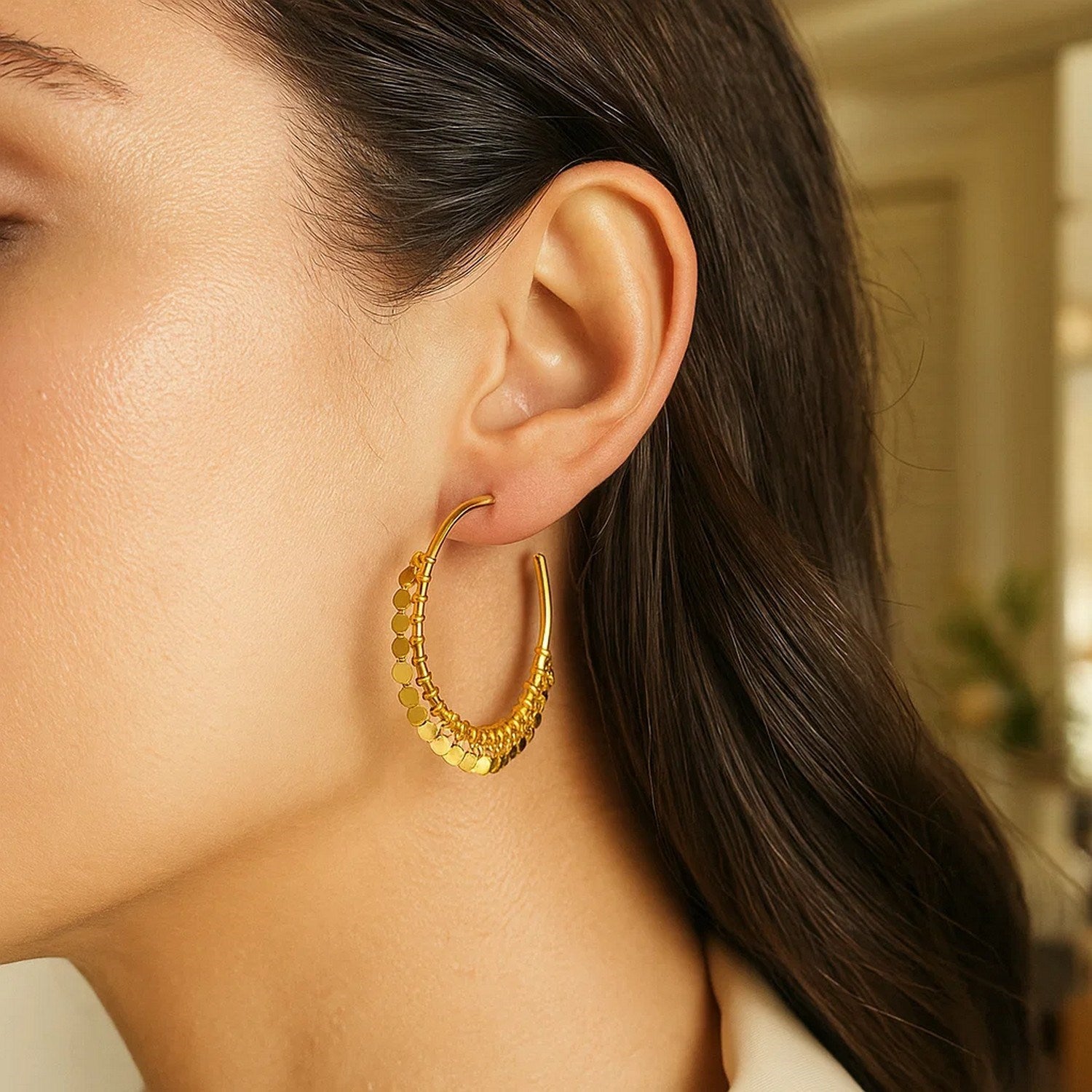 Hoop Style with Dangling Sequins in 14K Yellow Gold