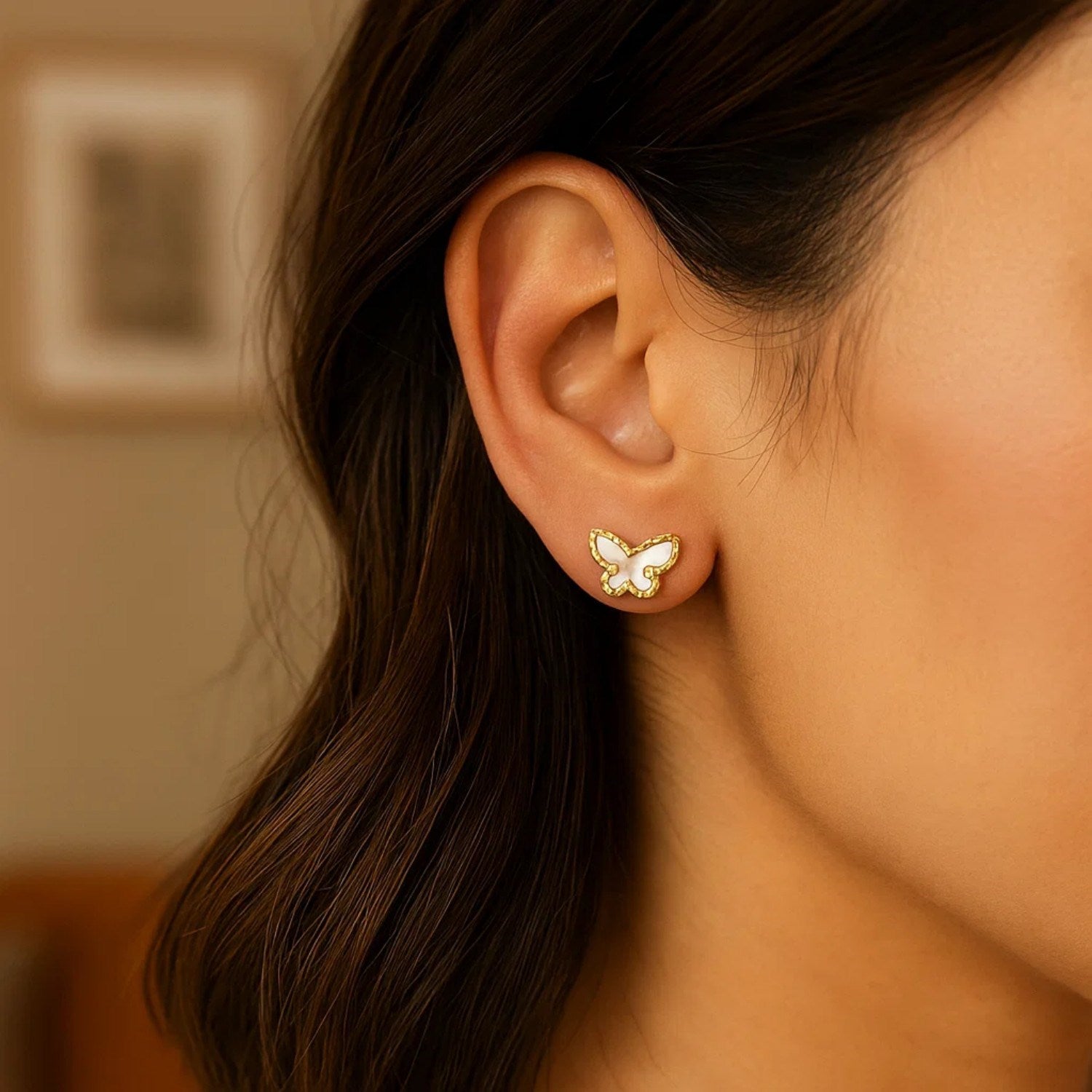 Mother of Pearl Butterfly Stud in 14K Yellow Gold