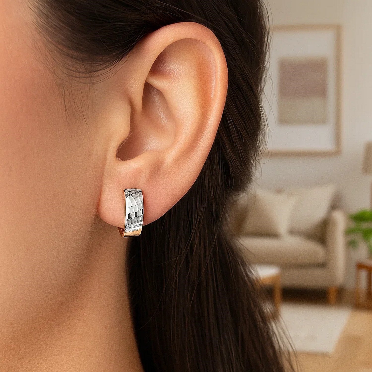 Polished and Textured Hoop Style in 14K Two-Tone Gold
