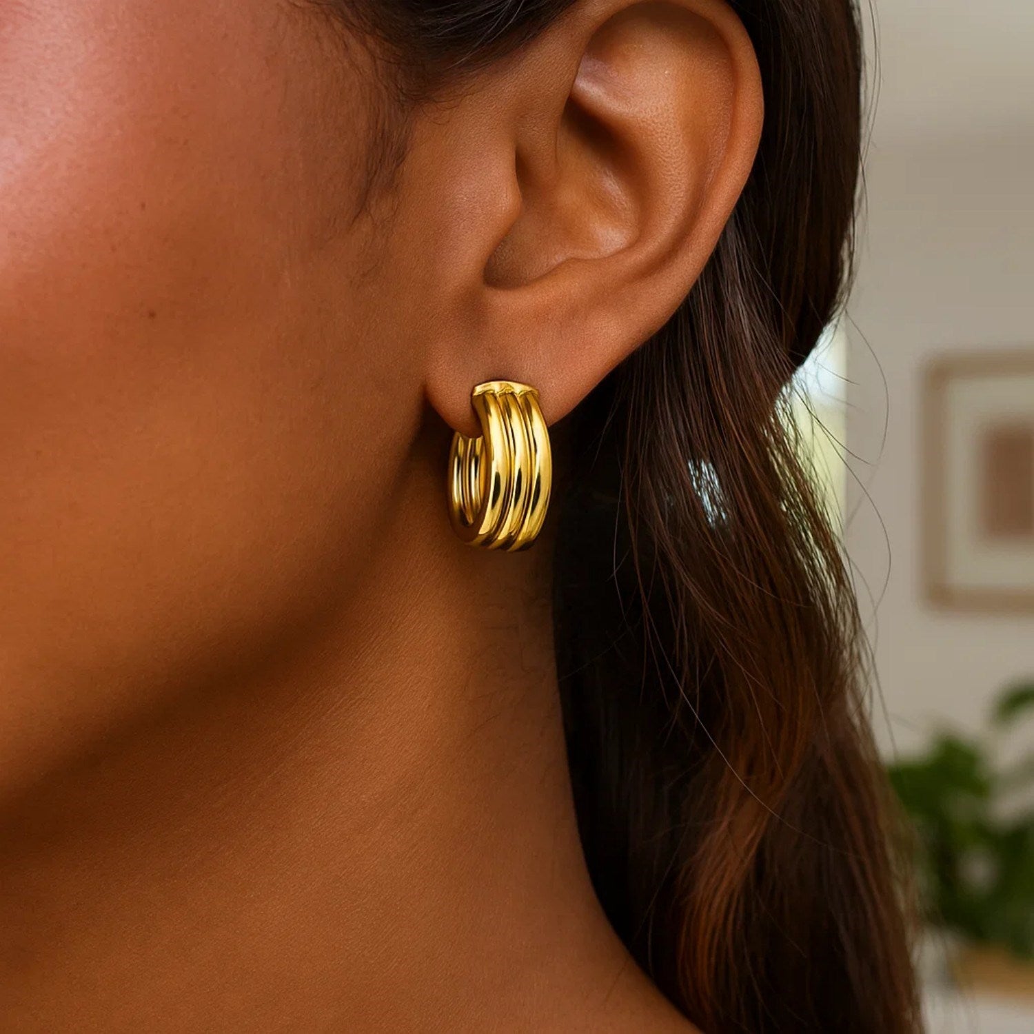 Triple Row Oval Hoop in 14K Yellow Gold