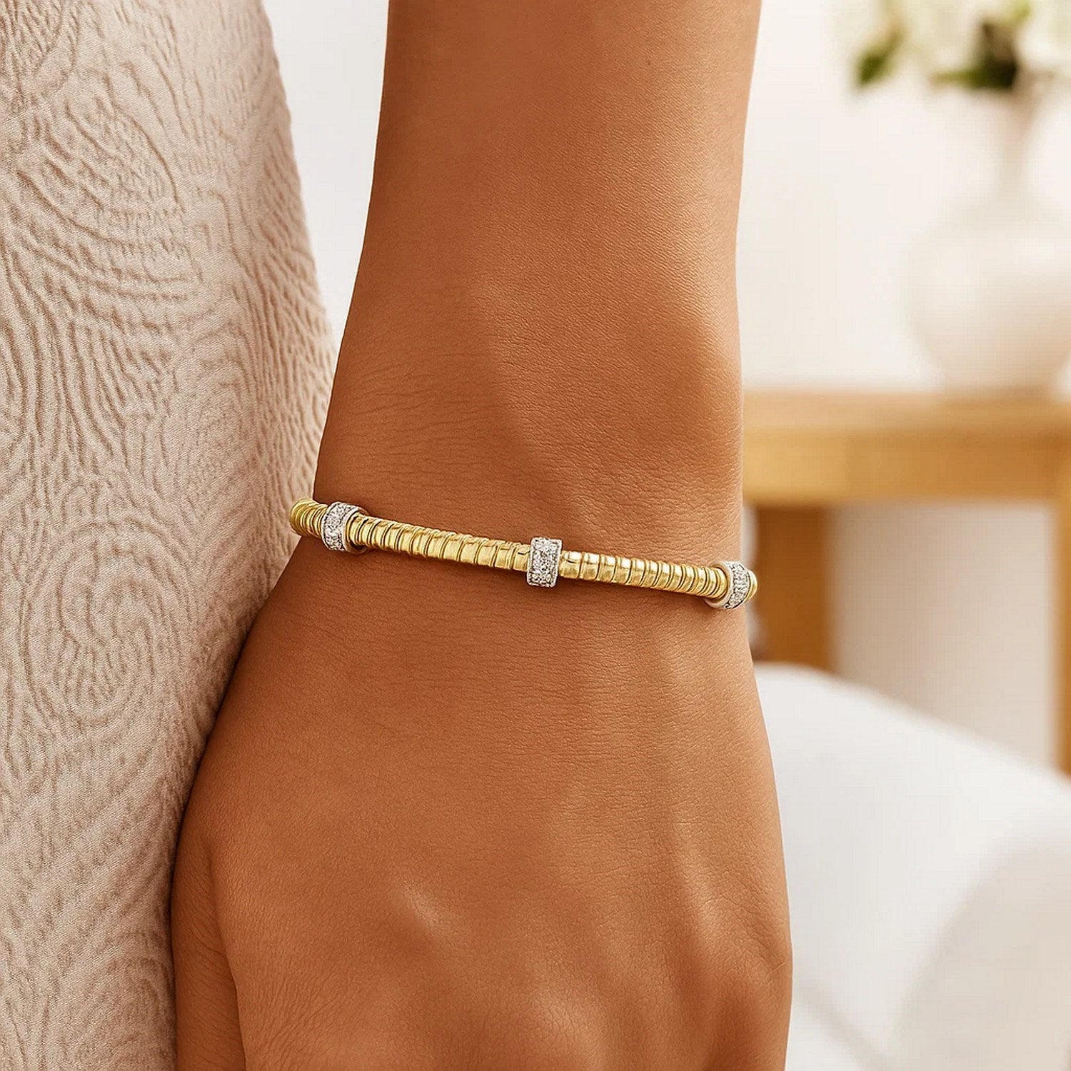 Diamond Triple Station Tubogas Cuff in 14KT Yellow Gold