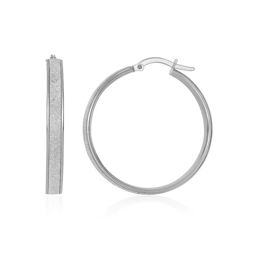 14k White Tone Hoop Style with Center Glitter Look Design in 14K White Gold