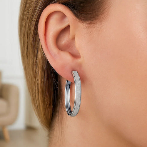 14k White Tone Hoop Style with Center Glitter Look Design in 14K White Gold