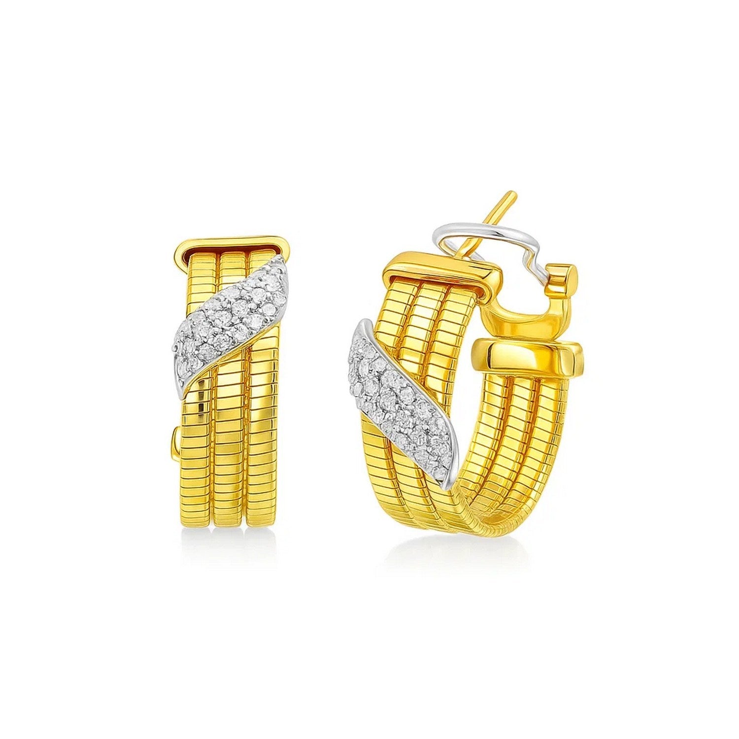Triple Row Diamond Omega Hoop in 14K Yellow Gold