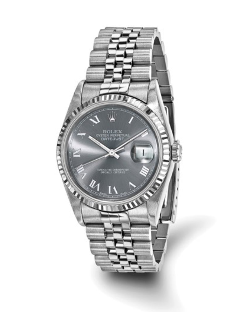 Rolex Men's Stainless Steel Datejust Jubilee with Grey Roman Dial and 18K Fluted Bezel
