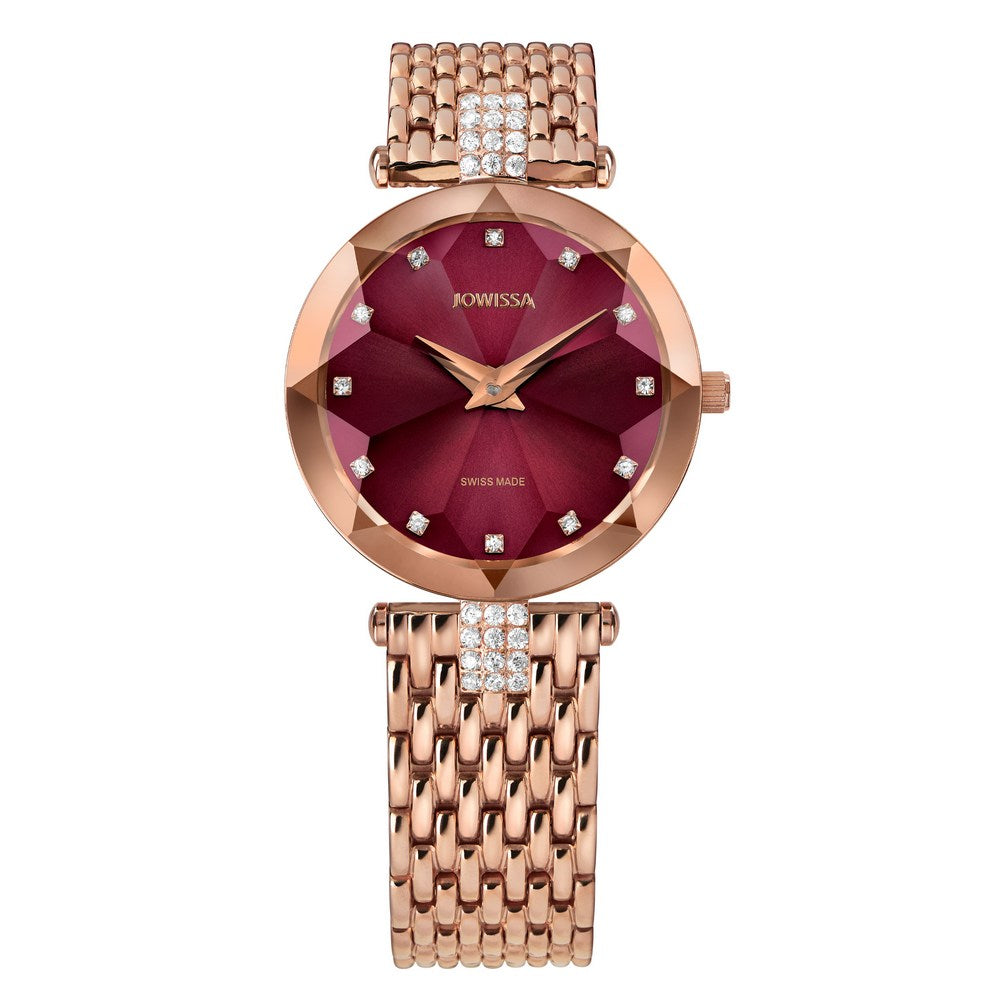 FACET STRASS, Brilliant-Cut, Rose GP Swiss Quartz Watch, 15mm Band - Burgundy Dial | MSRP: $369.90