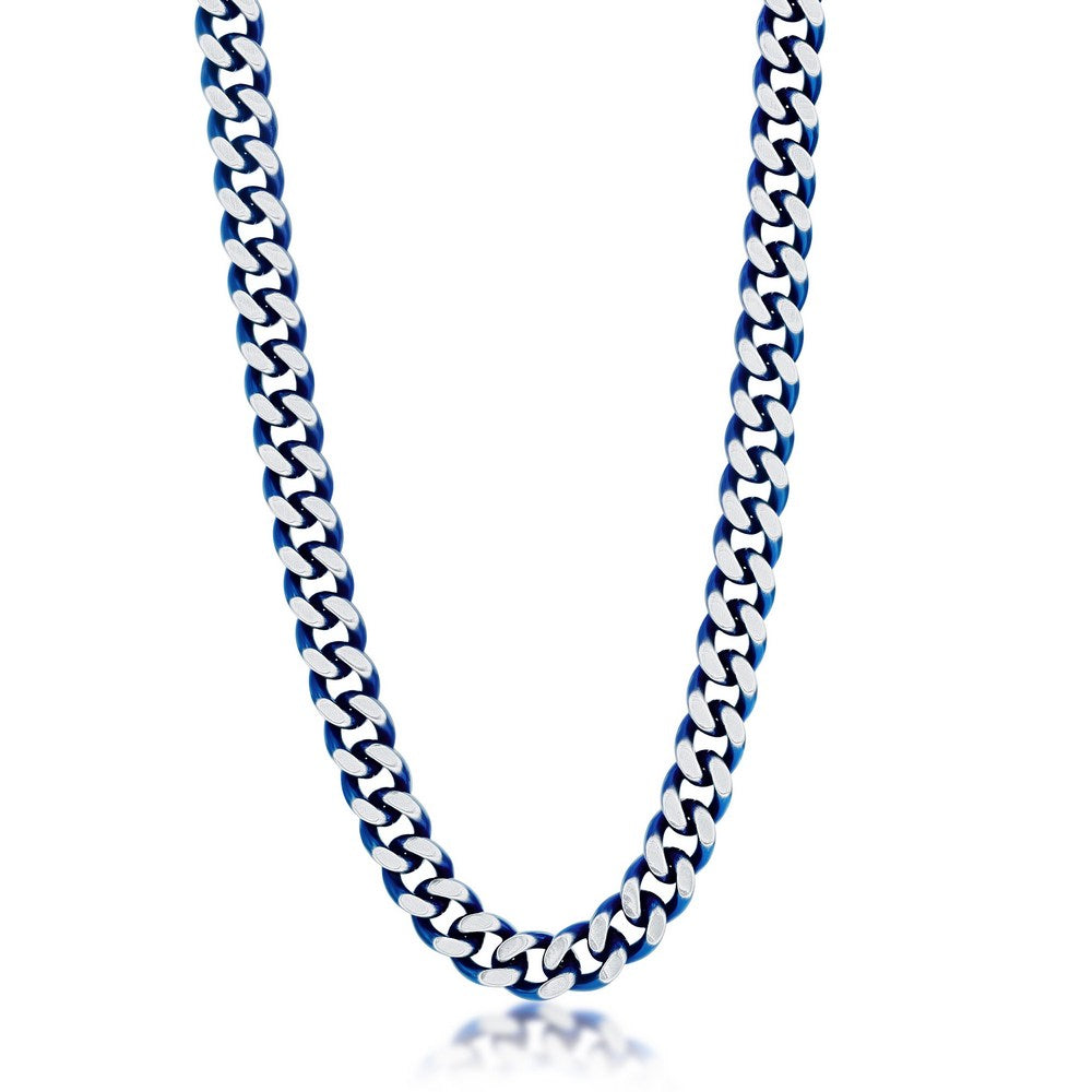 Stainless Steel 10.5mm Cuban Chain Necklace - Brushed & Blue IP Plated