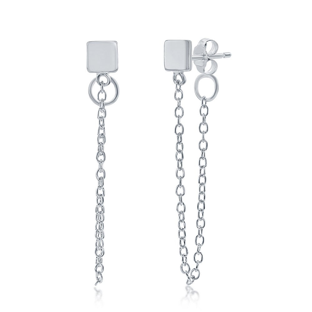 Sterling Silver Square Stud with Looping Chain Earrings