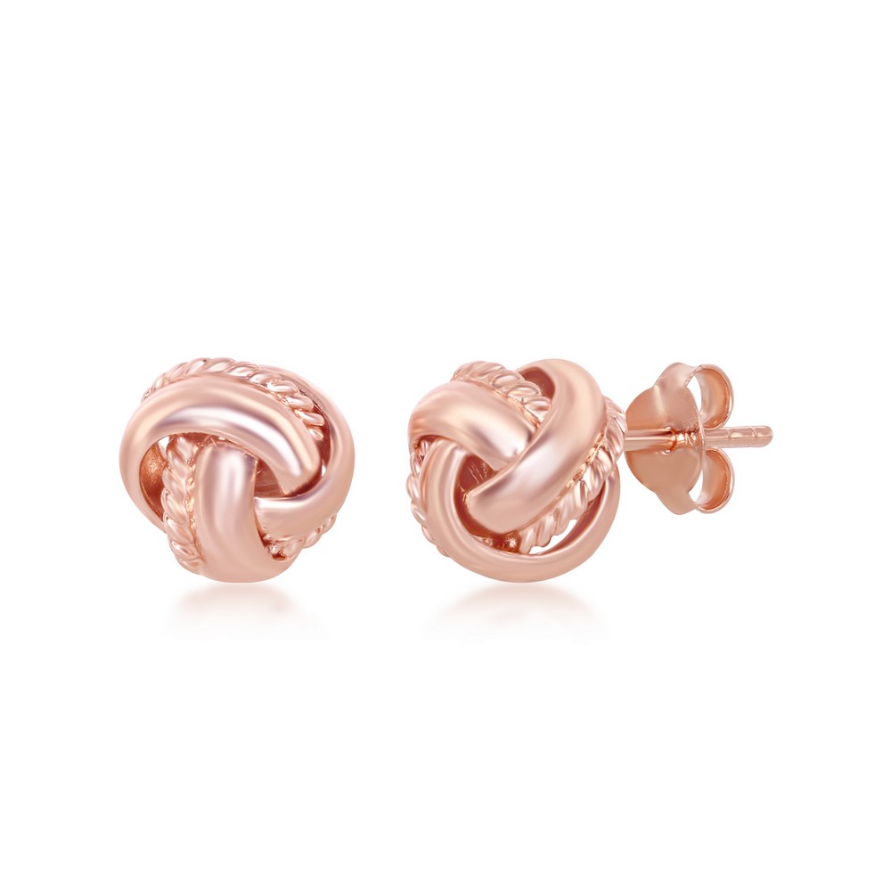 Sterling Silver Rope Border Love Knot Stud Earrings - Rose Gold Plated