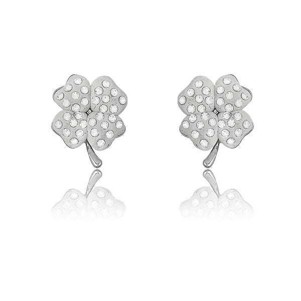 Sterling Silver White Enamel 4-Leaf Crystals Earrings