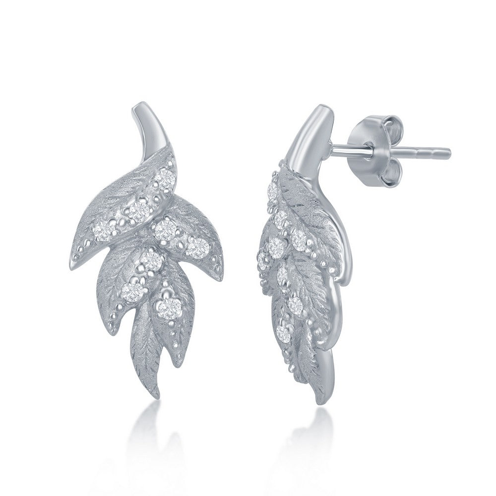 Sterling Silver Leaf Diamond Sanded CZ Stud Earrings