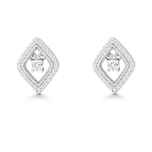 Sterling Silver Micro Pave with Center Dancing/Shimmering CZ Diamond Shaped Earrings