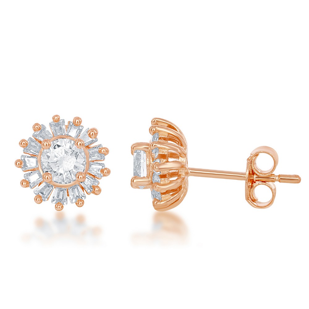 Sterling Silver Small Round CZ with Baguette Border Stud Earrings - Rose Gold Plated